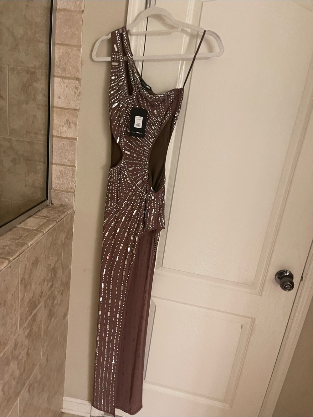 Fashion Nova Brown One-Shoulder Cutout Sequin Gown
